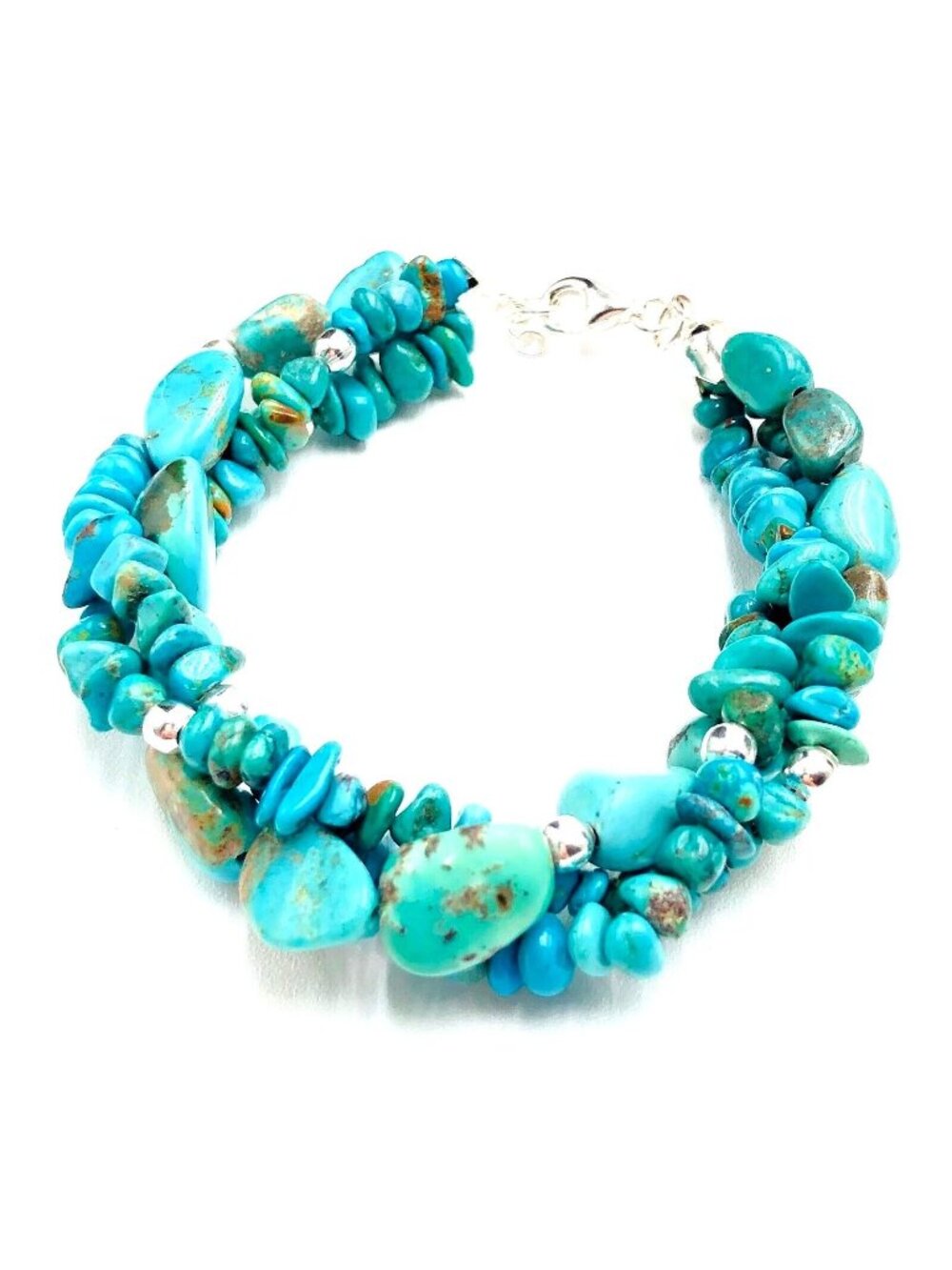 Blue Turquoise Multi Strand Sterling Silver 925 Bracelet Signed FAS